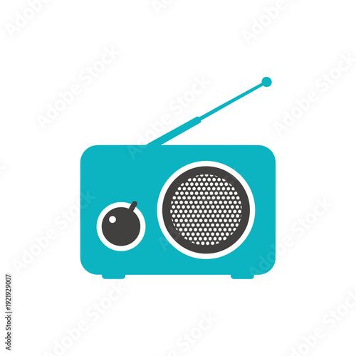 Simple illustration of a retro radio, in turquoise and dark gray, with an antenna