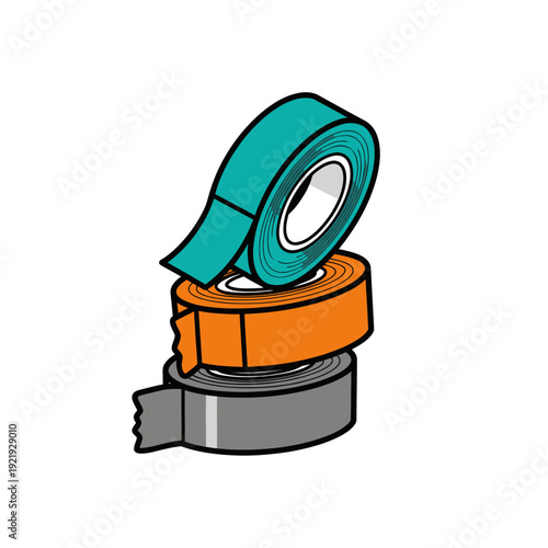Vector illustration of three stacked rolls of tape blue, orange, and gray
