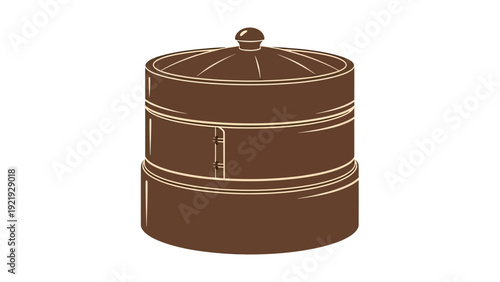 Brown, three-tiered food steamer with a domed lid and a small round handle