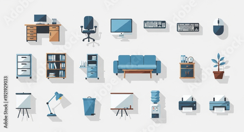 Collection of modern office furniture and equipment icons.