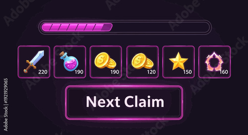Game Reward Interface with Sword Potion Coins Star and Wreath.