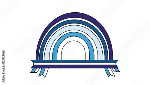 A stylized blue-toned rainbow graphic with ribbons at the base, on a white background