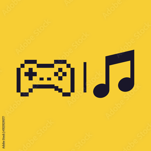 A pixelated gamepad and musical notes on a yellow background