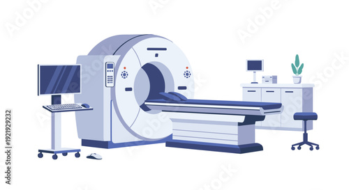 A modern CT scan machine with an examination bed and surrounding monitors sits in a clean medical room.