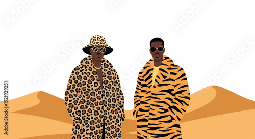 Two men wearing animal print coats, one leopard and one tiger, and sunglasses stand in a desert landscape.