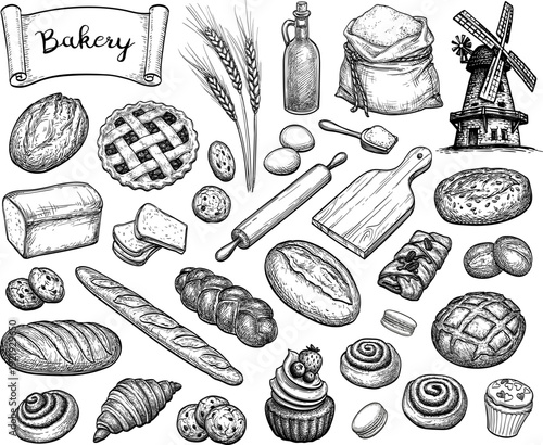 Bakery items. Bread, croissants, rolls, pie, wheat, and old windmill. Collection of vintage hand-drawn engraving illustration. Ink sketches.