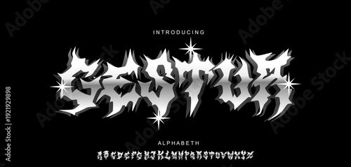 Font vector. Alphabet Y2K Chrome Metal Font - Gothic Futuristic Alphabet for Streetwear Design
