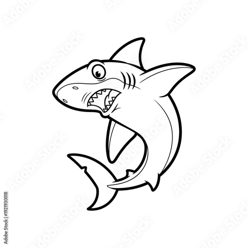 A cartoon shark swims aggressively in the ocean with its mouth open.