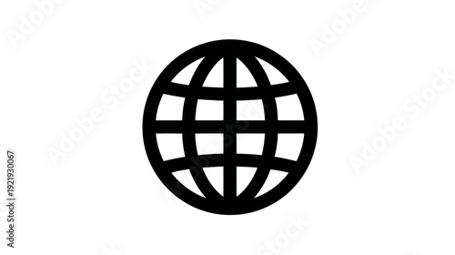 A black and white, simple illustration of a globe with a grid representing the world
