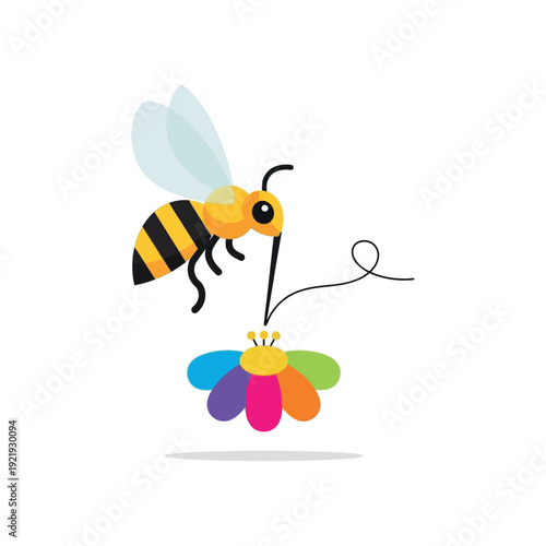 A bee collecting nectar from a colorful flower illustration