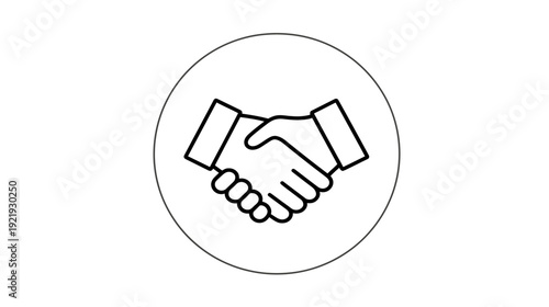 A black and white icon of a handshake enclosed by a grey circle. Represents agreement and connection