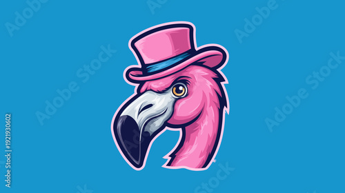 A cartoon flamingo wearing a pink top hat, with a blue background
