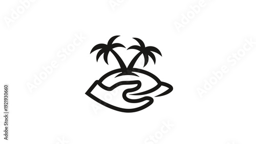 A minimalist logo of a hand cradling an island with two palm trees on white background