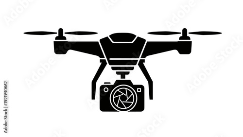 Foto Black silhouette of a drone with four propellers and a camera attached below