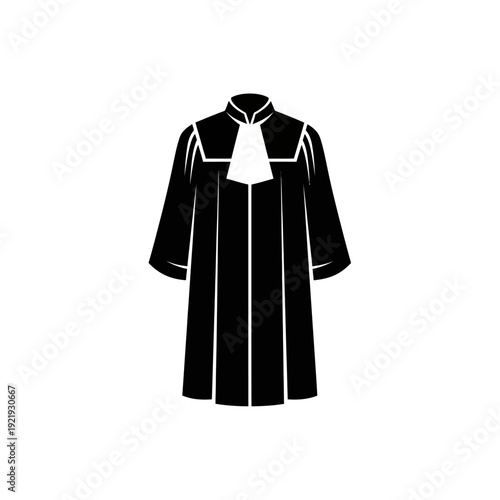 A monochrome illustration features a stylized judge's robe with a white collar
