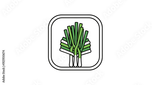 Simple green leeks illustration within a rounded rectangular frame on white