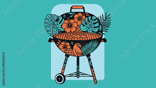A barbecue grill is decorated with tropical flora and fauna. Surrounded by a light blue frame