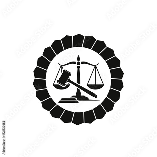 A stylized black and white illustration of scales of justice with a gavel inside a circular design