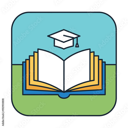 A colorful, rounded square depicts an open book with a graduation cap above, representing learning