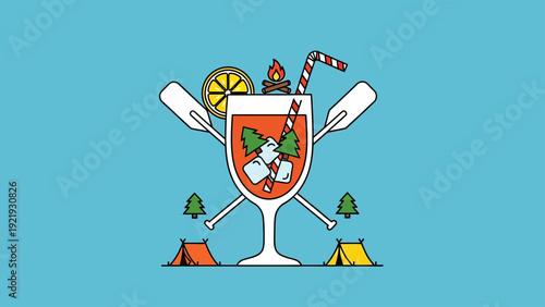 Illustration of a cocktail glass with camping elements trees, tents, a bonfire, and oars