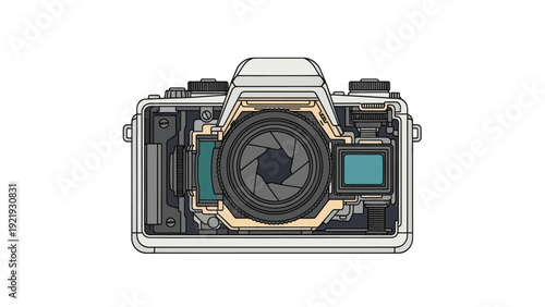 Illustrated cross-section of a film camera, revealing internal components in a vector style