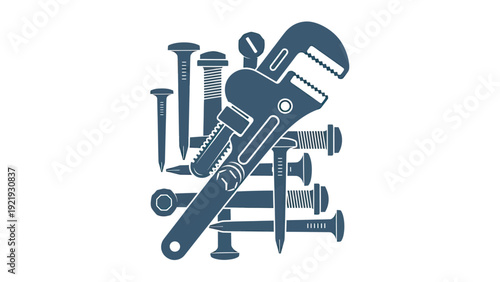 Silhouette tools on white. A wrench, nails, screws, and other fasteners arranged creatively