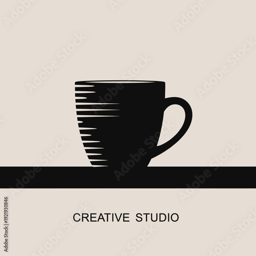 A stylized black coffee mug silhouette with a handle on a beige backdrop and a horizontal black bar