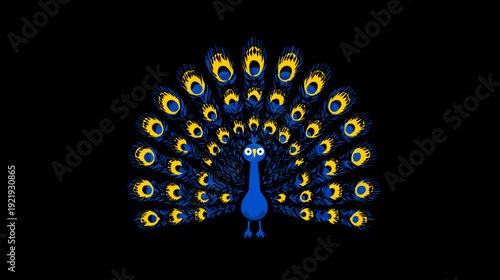 A vibrant, cartoon-style peacock with a fully displayed fan of blue and yellow feathers on a black background