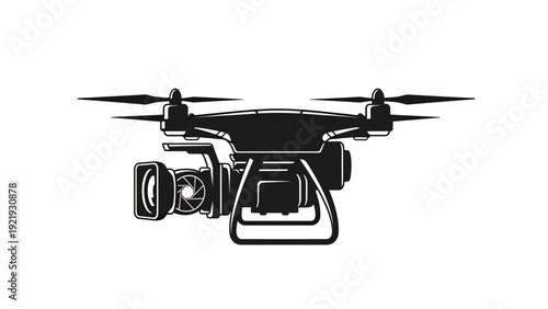 Black and white illustration of a drone with a camera, isolated on white background