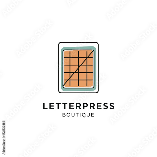 Logo with a grid inside a rectangle, text "LETTERPRESS BOUTIQUE" below