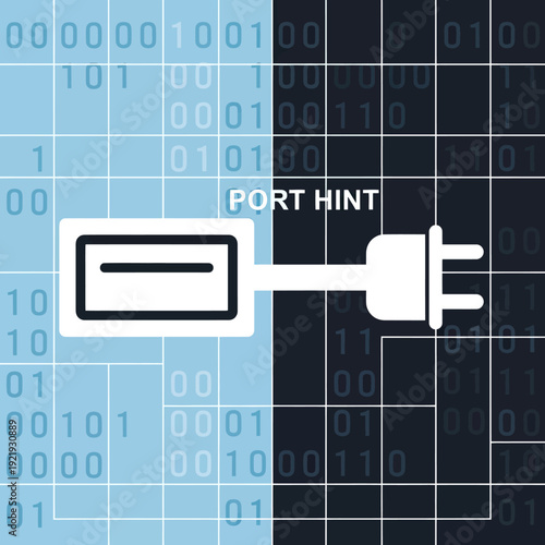 Digital art featuring a port and plug, binary code background, and "PORT HINT" text