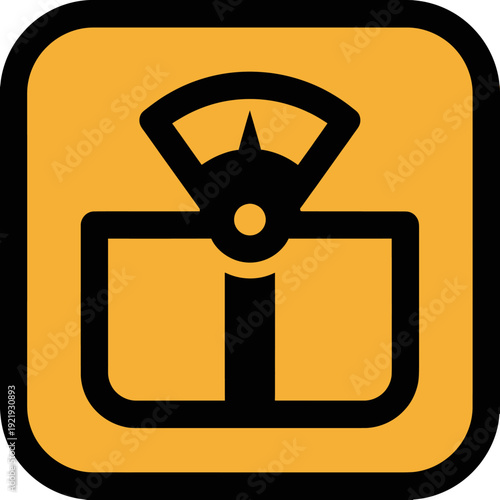 Icon of a stylized scale. Black and orange design, with rounded edges. Rounded square frame