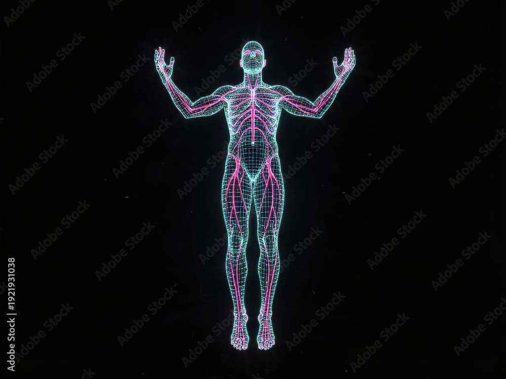 Obraz premium Full Body Glowing AI Humanoid in Data Void