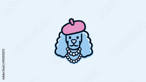A stylized illustration of a poodle wearing a pink beret and a pearl necklace