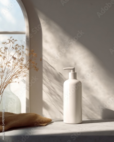 Skincare pump bottle on sunlit arched window sill with dried flowers for natural cosmetic branding mockup and product display