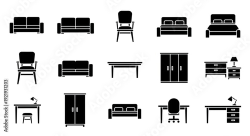 Collection of various furniture icons in black silhouette style.