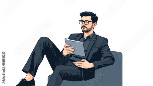 A handsome young businessman in a suit stands holding a laptop and briefcase, smiling while working with modern technology