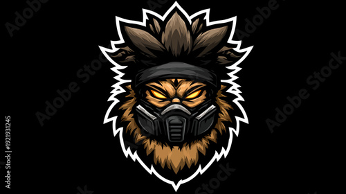A stylized illustration depicting a fierce creature's head, complete with respirator and fiery eyes