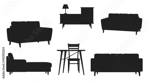 Collection of modern furniture silhouettes for interior design.