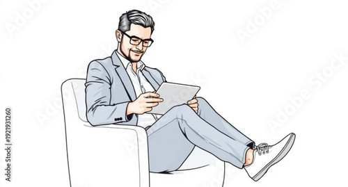 A confident young woman with glasses and a professional smile sits in an office chair reading a book like a focused student or worker