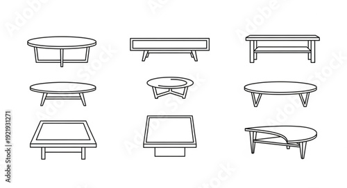 Collection of nine coffee table line drawings.