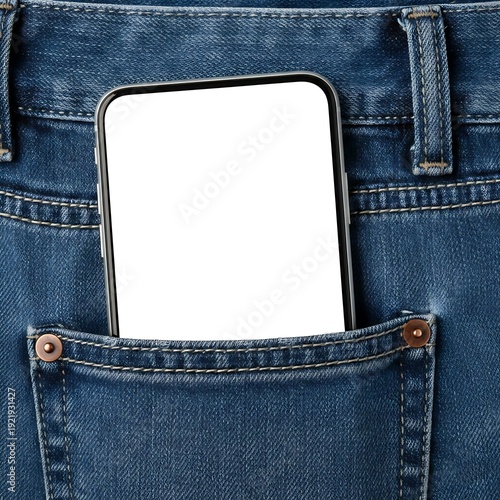 Modern smartphone with blank white screen mockup partially emerging from a back pocket of denim pants