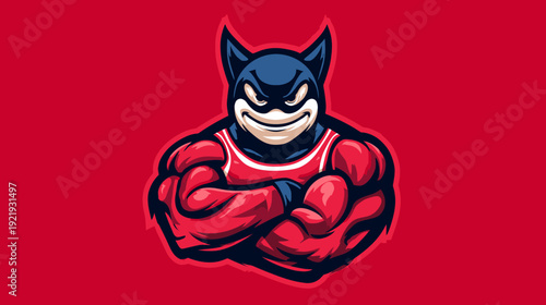 A muscular anthropomorphic creature with crossed arms and a mischievous grin on a crimson background