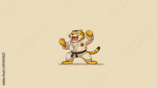 Pixelated artwork depicts a tiger in a karate gi, with fists clenched, roaring in a ready stance