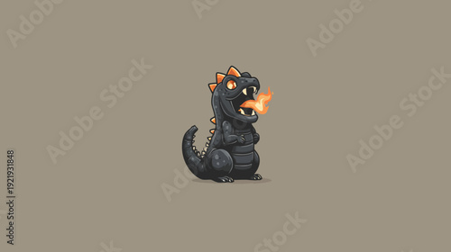 A cartoon-style illustration shows a friendly, pixelated dragon breathing fire with a grey background