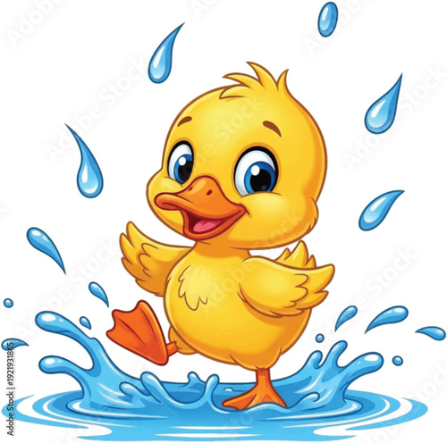 Cheerful cartoon duckling joyfully splashing in a refreshing blue puddle, creating playful ripples and water droplets, an endearing illustration of aquatic fun and innocence