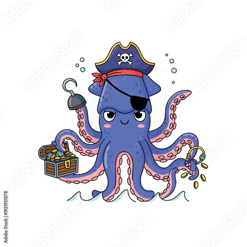 Cartoon Octopus Wearing Pirate Hat and Eyepatch.