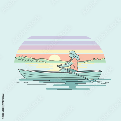 Woman Rowing Boat on Calm Water.