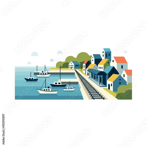 Colorful Illustration of Coastal Village Scene.