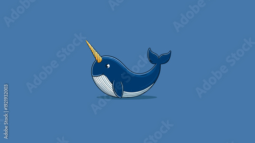 A cartoon-style illustration of a narwhal with a prominent horn on a solid blue background